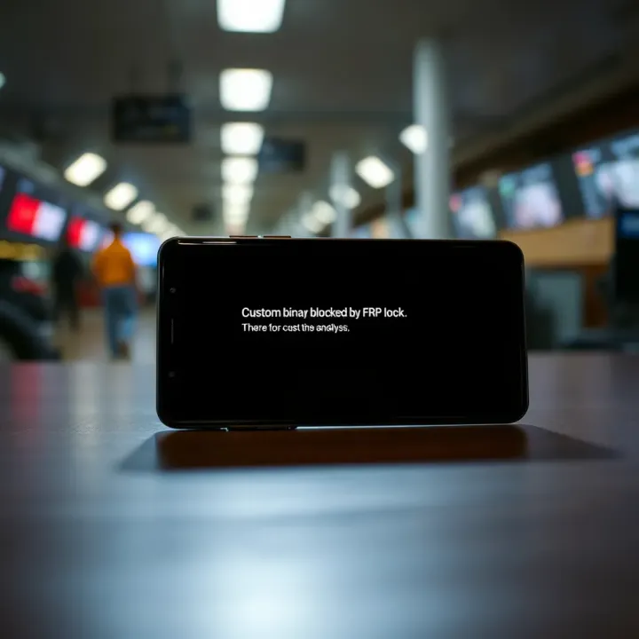 Samsung smartphone displaying custom binary blocked by FRP lock error message on screen
