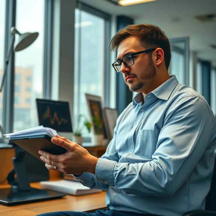 Professional analyzing risk data charts on a digital tablet in an office setting