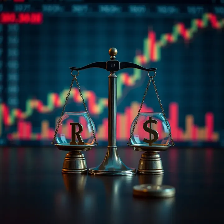 Illustration of risk management concepts with balanced scales and trading icons