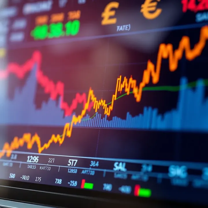 Graph showing upward trend with forex currency symbols and candlestick chart
