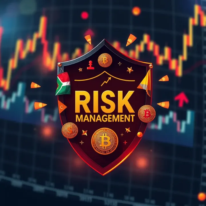 Illustration of risk management concepts including shield, currency symbols, and financial charts