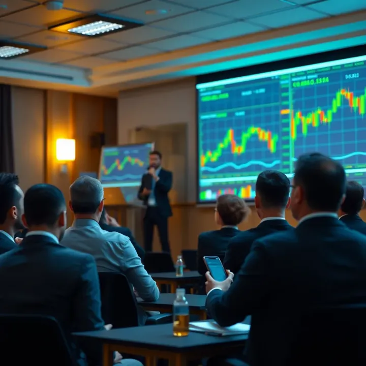 Forex trading seminar presenting market analysis charts to attentive audience