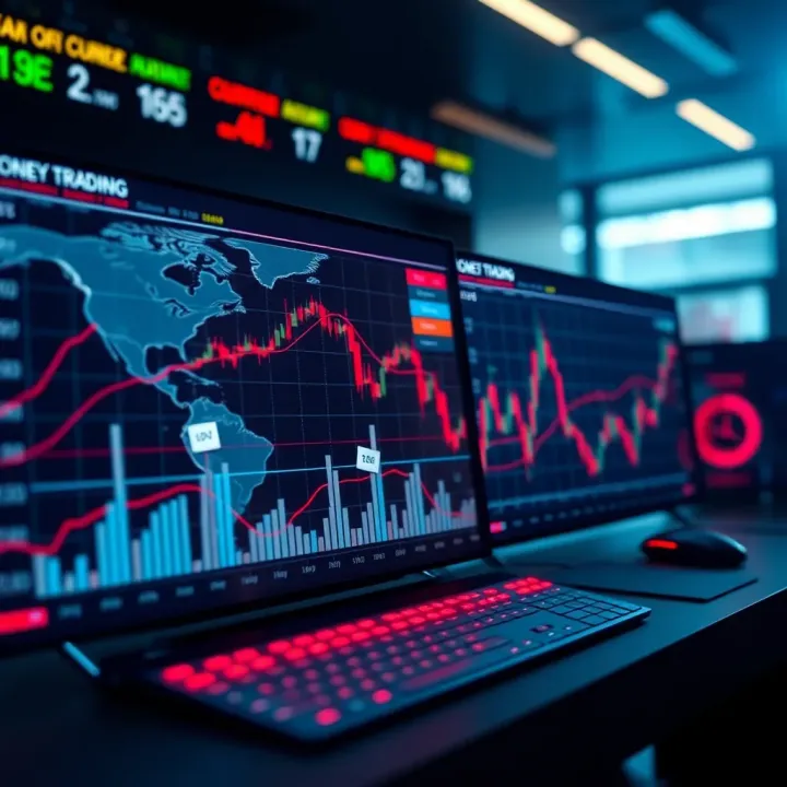 Digital representation of forex trading system with global currency icons and data visualization