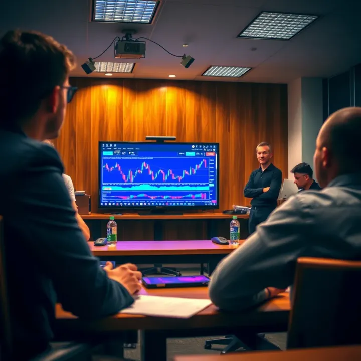 Classroom setting with a forex trading instructor explaining charts to attentive students