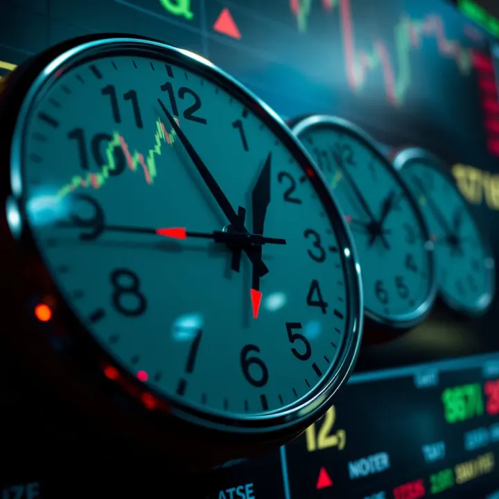 Clock faces showing overlapping active hours of major forex markets with currency symbols