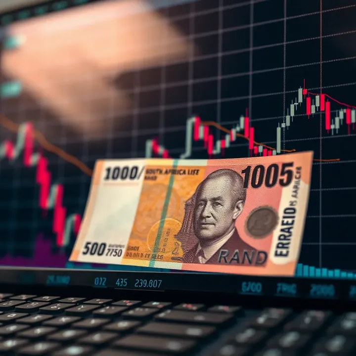 Graph showing fluctuating forex market trends with South African Rand symbol