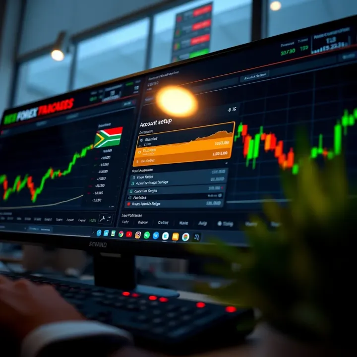 Illustration of a computer screen displaying a forex trading platform interface with account setup options
