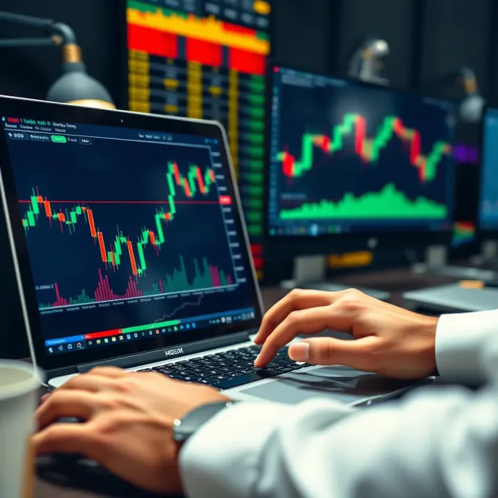 South African trader using a laptop displaying forex trading charts and candlestick patterns