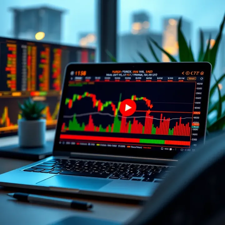 Forex trading charts and educational video playing on a laptop screen