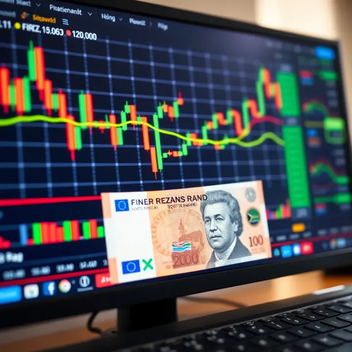Illustration of a computer screen displaying forex trading platform with South African rand