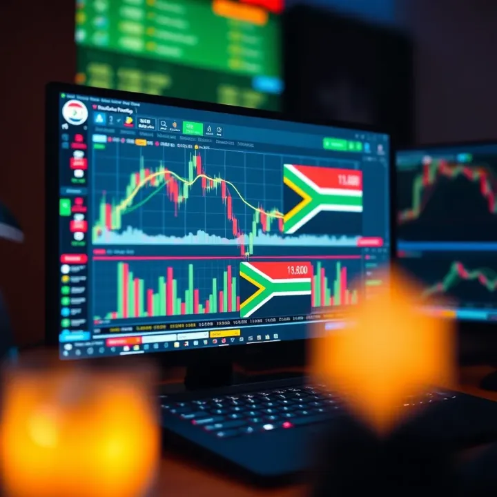 Forex Trading Platform with South African Market Focus Illustration of a computer screen displaying a forex trading platform with South African flag colors