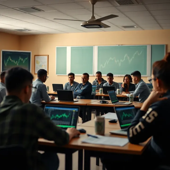 Classroom setting with students learning forex trading strategies on laptops in a modern South African school