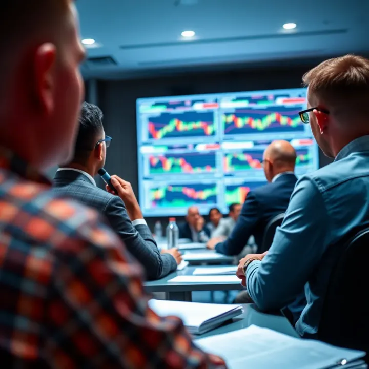 Group of traders attentively listening to a forex trading seminar in Durban with charts displayed on a screen