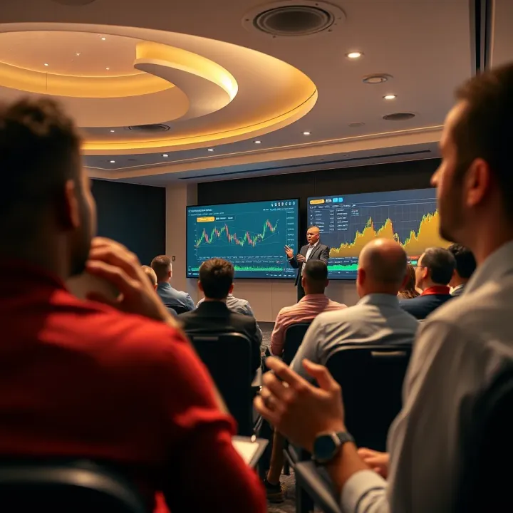 A lively forex trading seminar with participants engaging actively and a presenter explaining market trends on a digital screen
