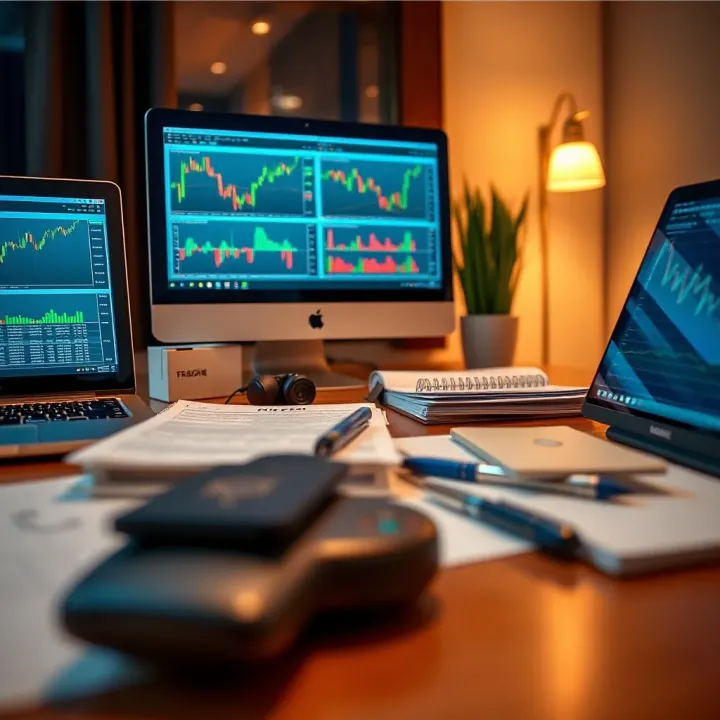 Close-up of a forex trading seminar setup showing charts, laptops, and educational materials on a table