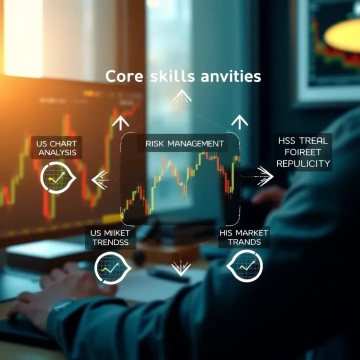 Graphic depicting essential forex trading skills like chart analysis, risk management, and market trends