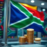 South African flag with currency symbols representing forex trading in Rand