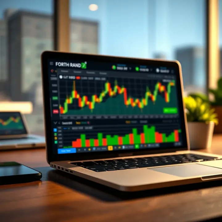 South African Rand Forex Trading Platform Overview Illustration of financial charts and a laptop displaying South African rand forex trading platform