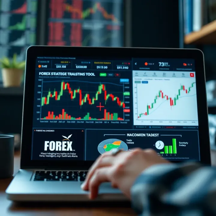 Graphic illustrating forex trading concepts with charts and strategy icons