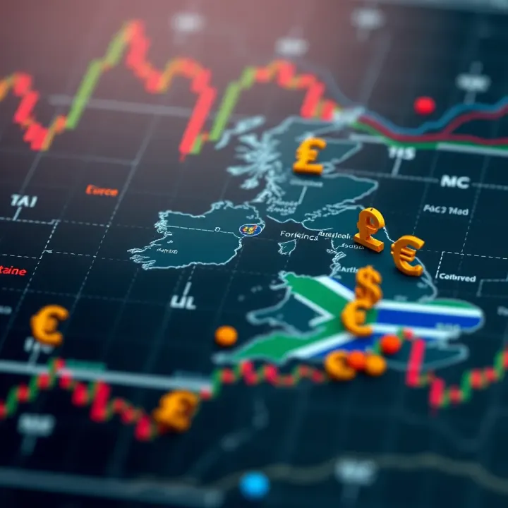 Connecting Forex Markets Between the UK and South Africa Map highlighting the United Kingdom and South Africa with currency symbols and forex charts