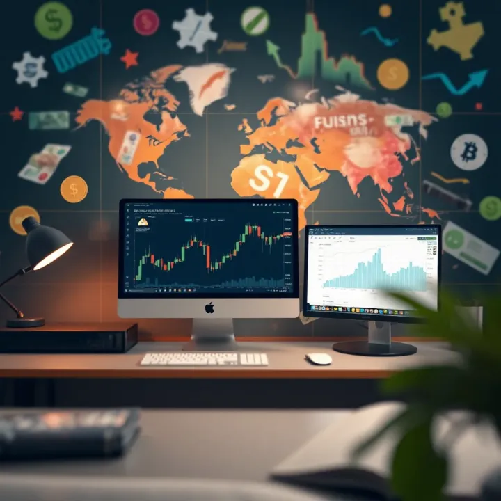 Personalized Forex Trading Wallpaper Elevating Workspace Ambiance Calm and focused trading workspace enhanced by a personalized forex-themed wallpaper showcasing global currencies and abstract financial symbols