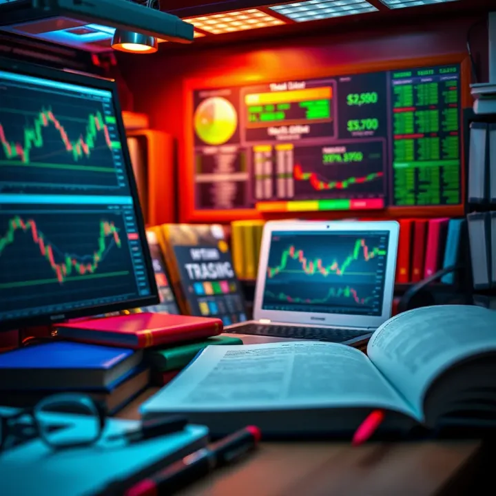 Illustration of educational resources for forex trading including charts, books, and online tutorials