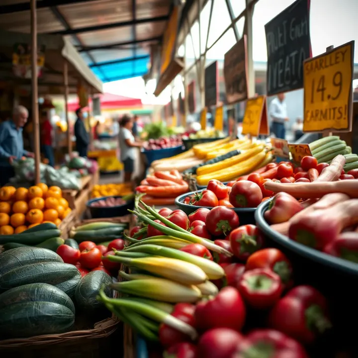 Fresh fruits and vegetables displayed at a bustling market stall under bright daylight
