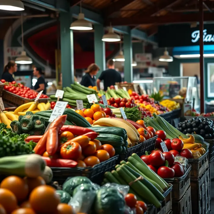 Fresh fruits and vegetables displayed at a vibrant Kenilworth market stall during opening hours