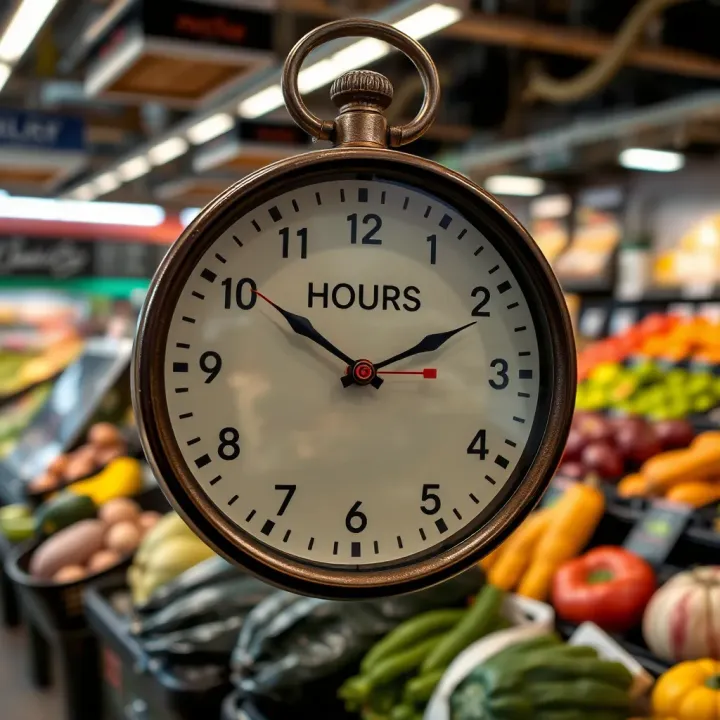Clock showing opening hours with fresh produce in the background at a local shop