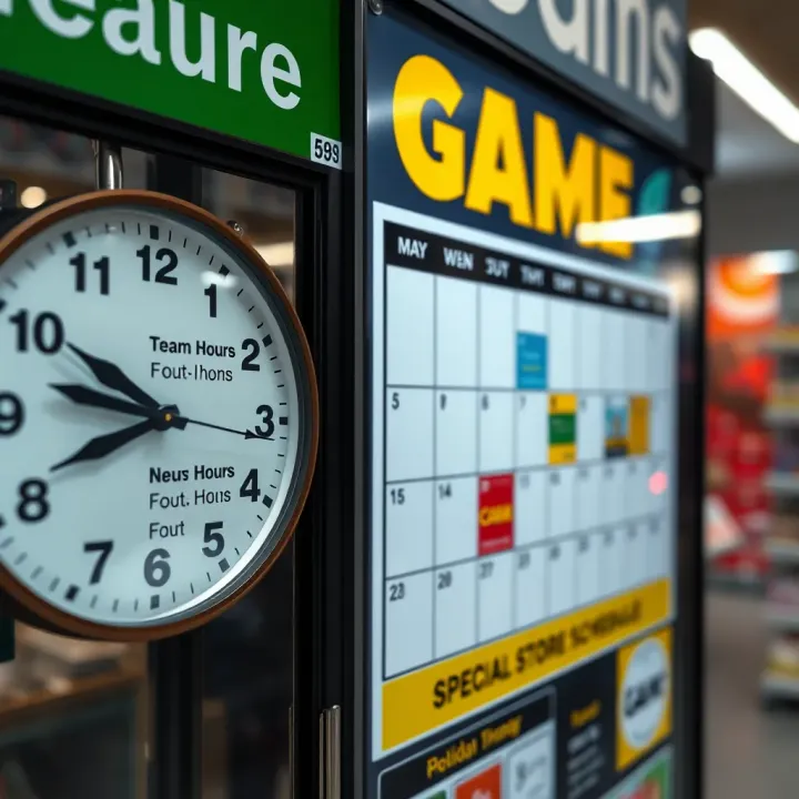 Clock showing opening hours alongside a holiday calendar indicating special store schedule