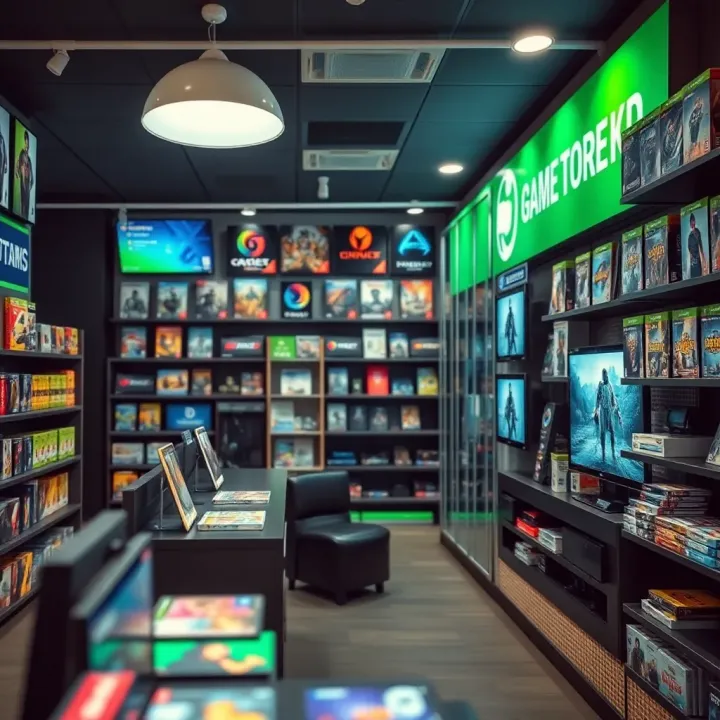 Interior section of Game store showcasing various products and customer service desk