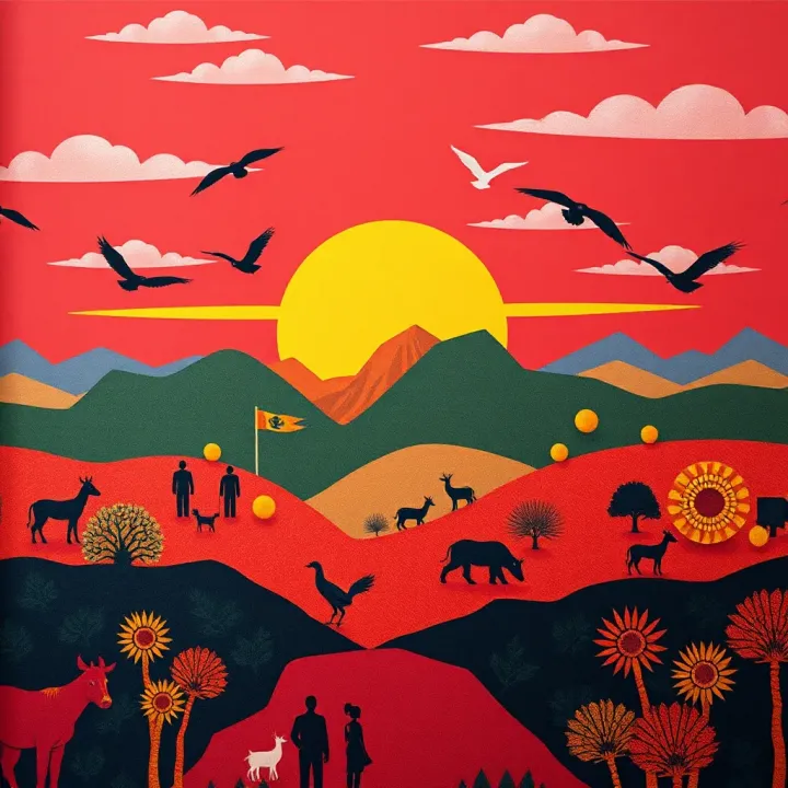 Illustration of diverse cultural patterns and South African landscape with symbols of inclusivity and acceptance