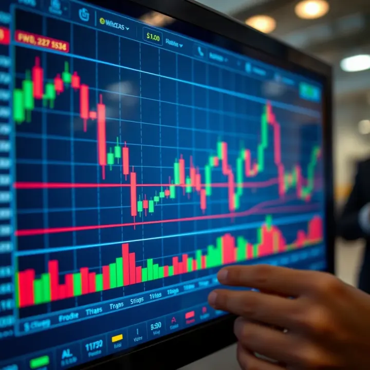 Graph showing forex currency pair fluctuations and trading indicators on a digital screen