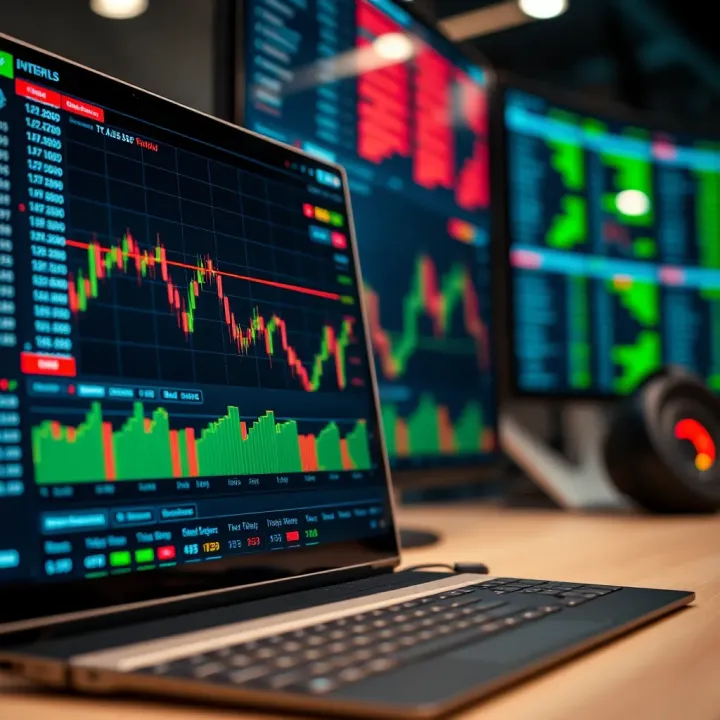Virtual trading platform interface displaying charts and trading signals for binary options