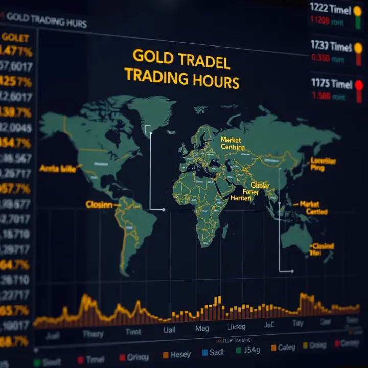 Global map showing major gold trading centers with highlighted market opening and closing times