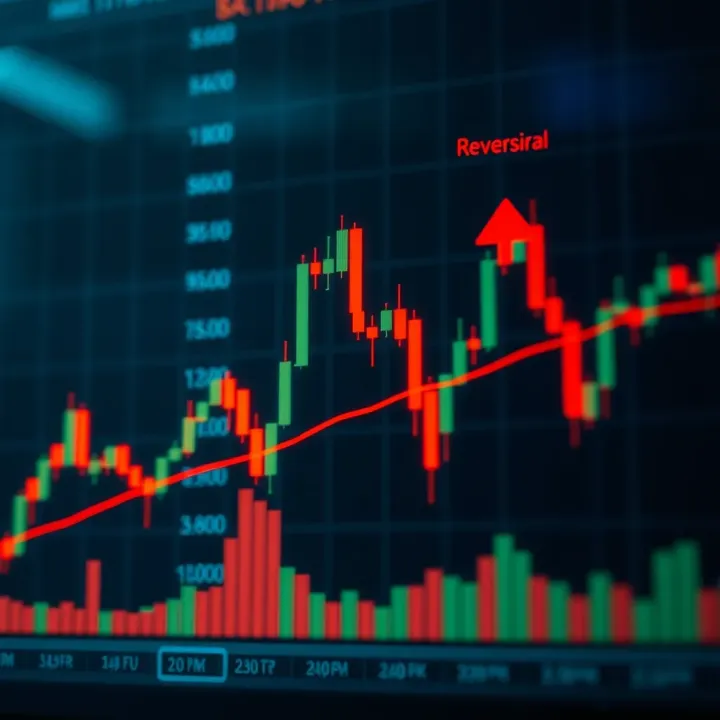 Candlestick chart showing upward and downward trends with highlighted key reversal points