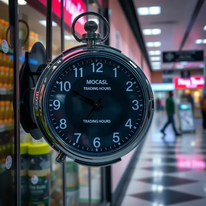 Typical Trading Hours at Highland Mews Witbank Clock showing typical trading hours for retail stores at Highland Mews