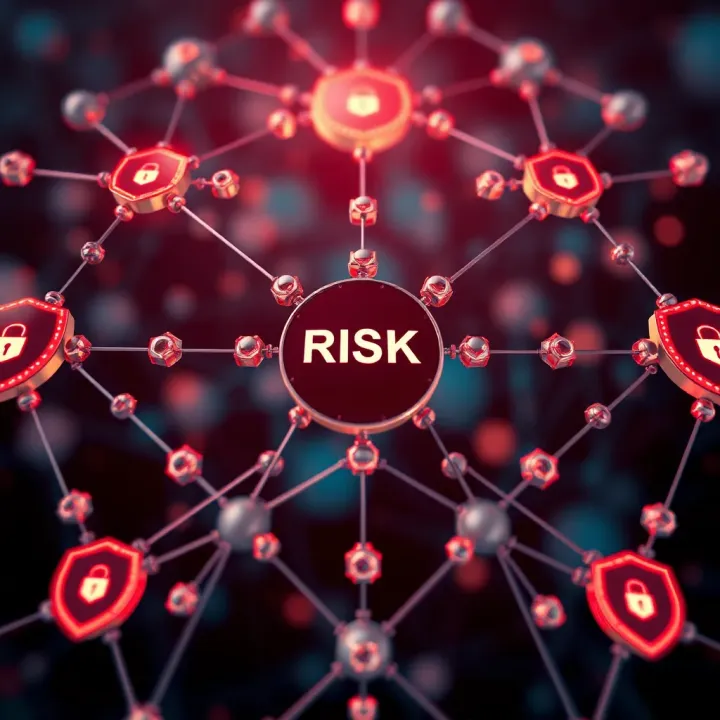 Abstract representation of risk management with interconnected nodes and shields symbolizing protection and strategy