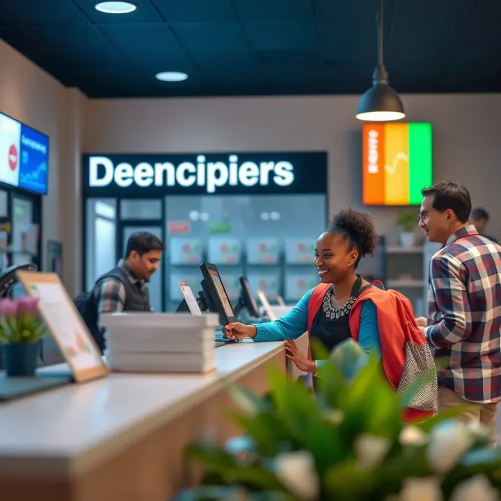 Customer service counter with license department staff assisting visitor