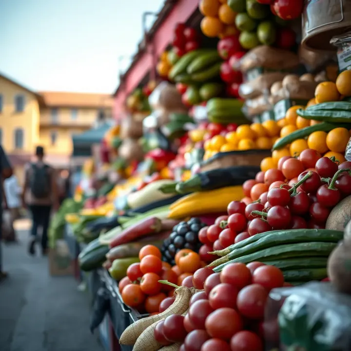 Fresh variety of colorful fruits and vegetables displayed at a bustling Polokwane market stall
