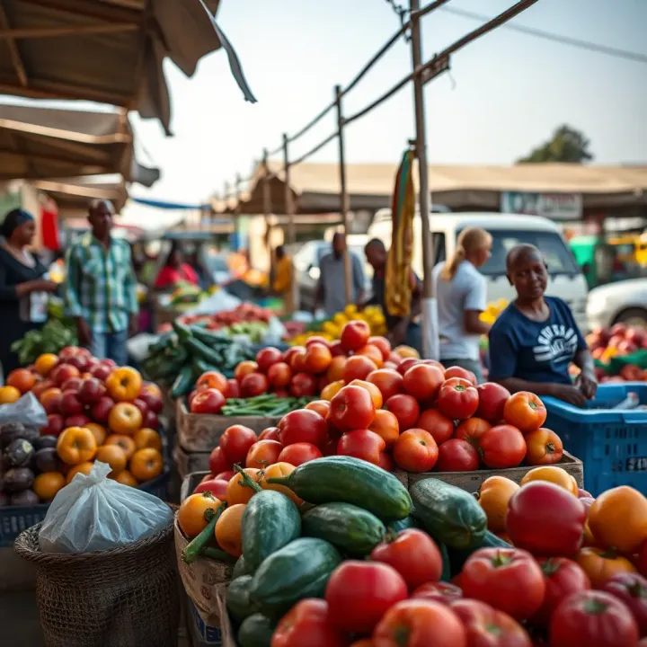 Outdoor market scene with vendors arranging ripe fruits and vegetables during opening hours in Polokwane
