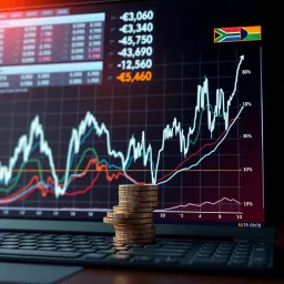 Graph displaying fluctuating exchange rates of the South African rand against major currencies