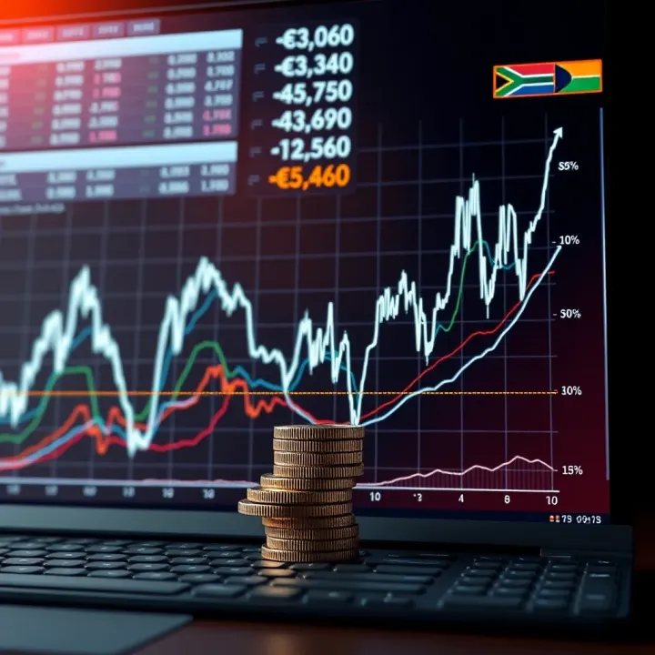 Graph displaying fluctuating exchange rates of the South African rand against major currencies