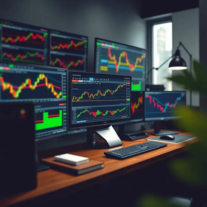 Workspace with multiple monitors displaying forex trading platforms and charts