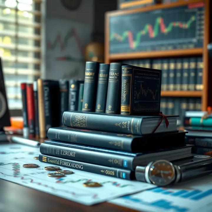 Essential Forex Trading Books for Skill Development Collection of essential forex trading books with charts and currency symbols on a desk