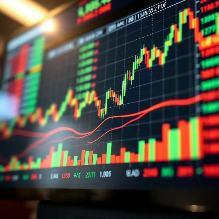 Forex trading charts with currency symbols and upward trend lines