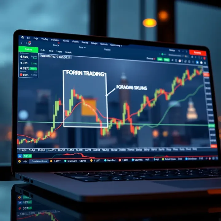 Forex trading charts and graphs displayed on a laptop screen with Johannesburg city skyline in the background