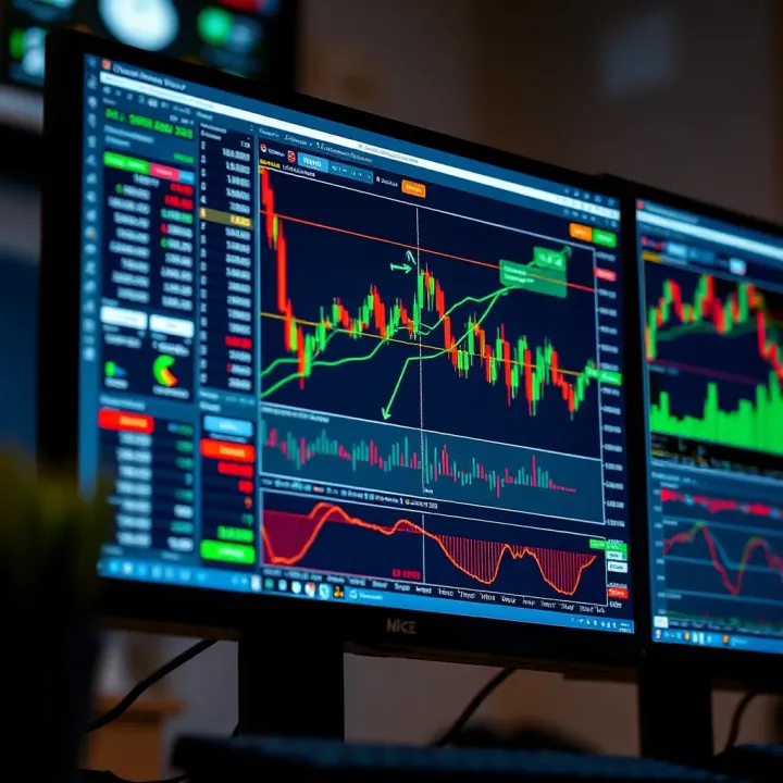 Computer screen displaying various forex trading charts and indicators