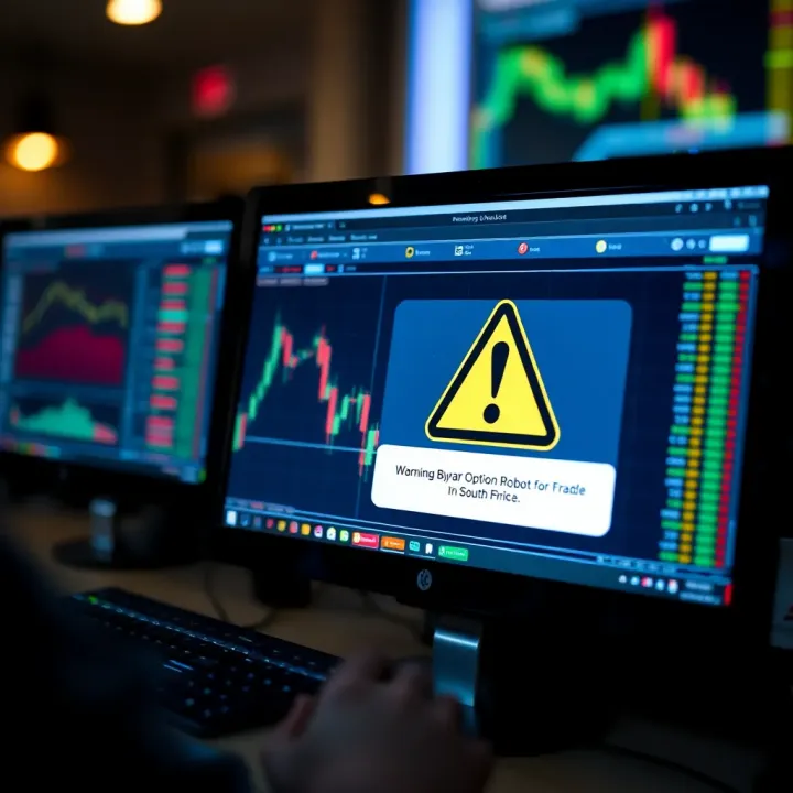 Illustration showing a computer screen with a warning symbol over automated trading software to highlight binary options robot scam risks