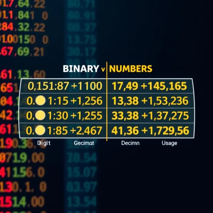 Comparison chart showing binary and decimal number systems highlighting digit differences and usage
